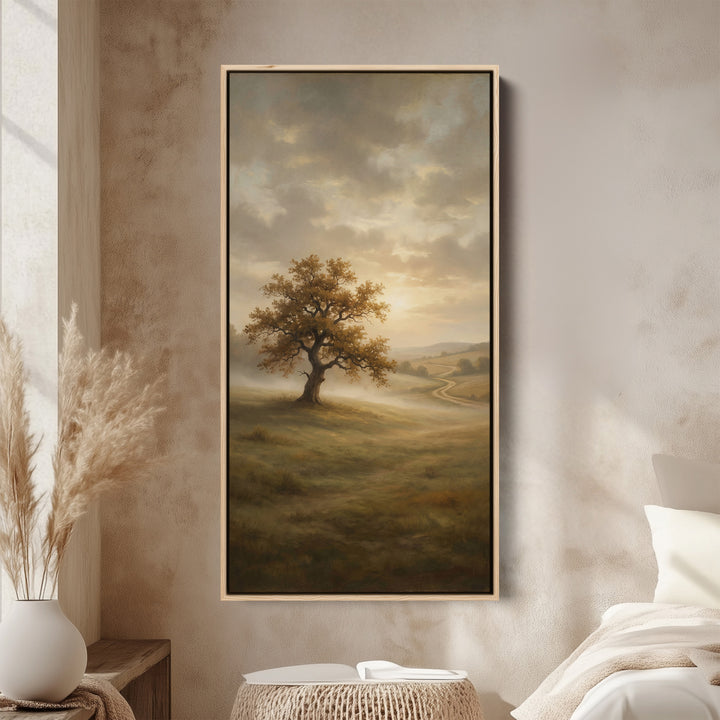 Lone Tree Misty Landscape Narrow Wall Art Framed Canvas Print For Bedroom