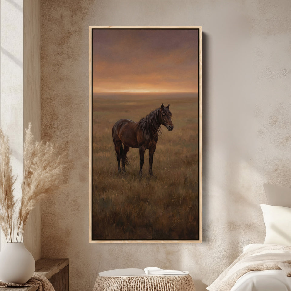 Vertical Wall Art For Bedroom Horse In Sunset Field Vertical Canvas