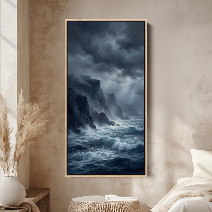 Tall Canvas Large Vertical Wall Art Stormy Sea And Cliffs For Hallway