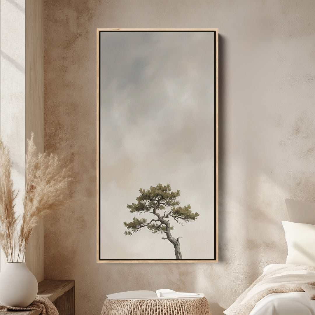 Tall Framed Canvas Windswept Tree In Fog Portrait Wall Art For Kitchen