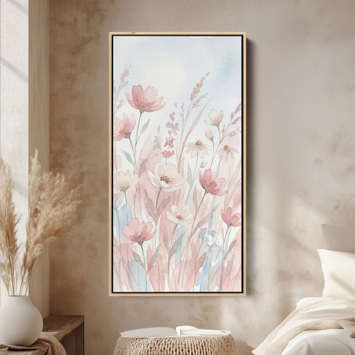 Long Wall Art Soft Pink Watercolour Flowers Tall Canvas For Bedroom