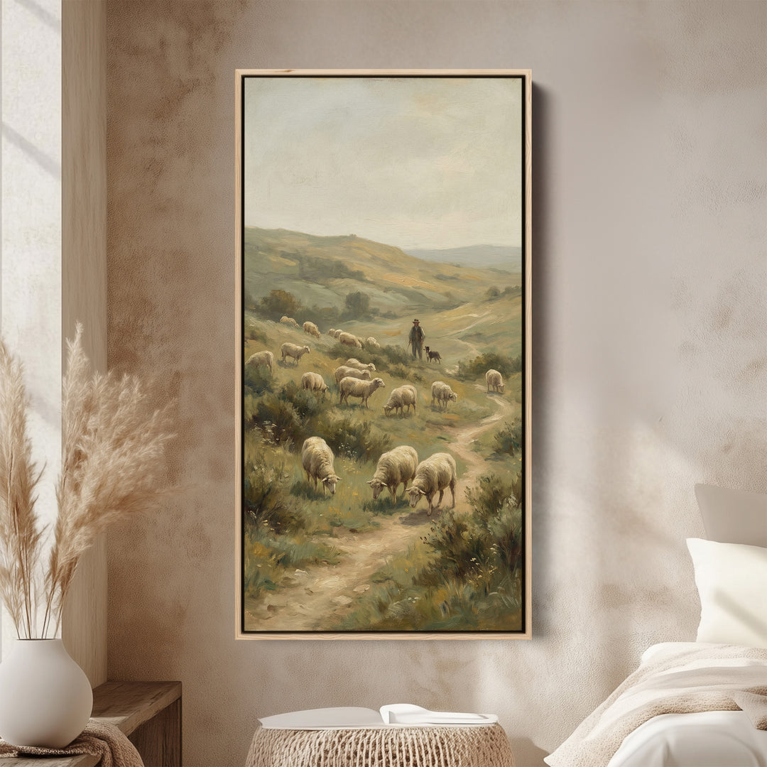 Shepherd With Sheep Hillside Vertical Wall Art Framed Canvas Print For Office