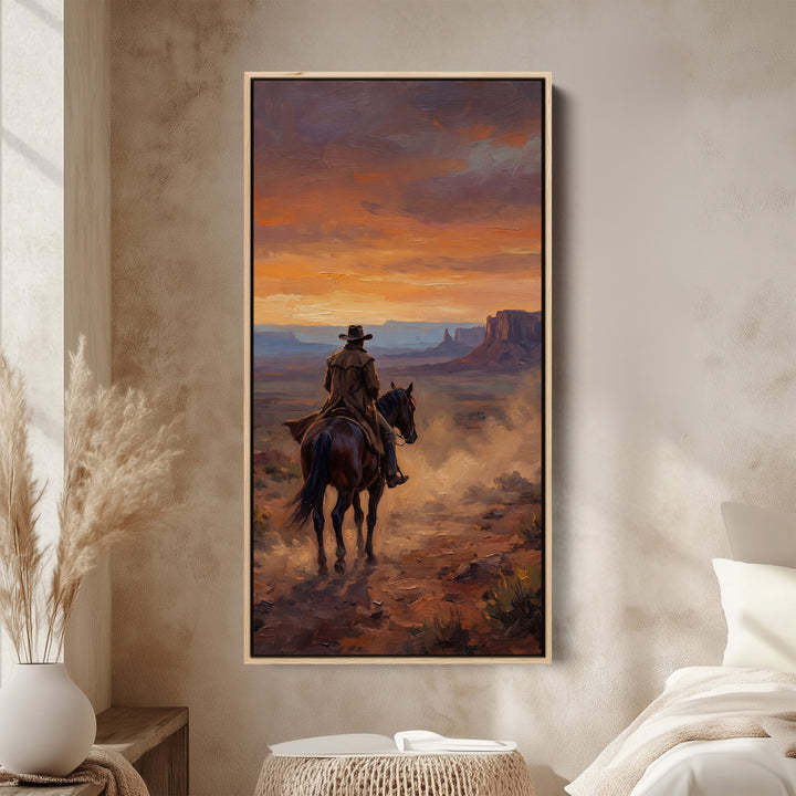 Tall Wall Art For Bedroom Cowboy On Horse At Sunset Vertical Canvas