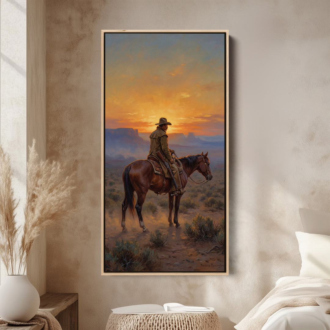 Tall Narrow Canvas Rider On Horse Desert Sunset Portrait Wall Art For Kitchen