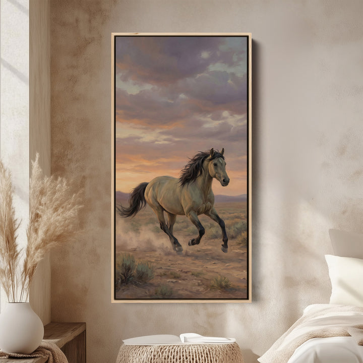 Running Horse In Desert Portrait Wall Art Framed Canvas Print For Office