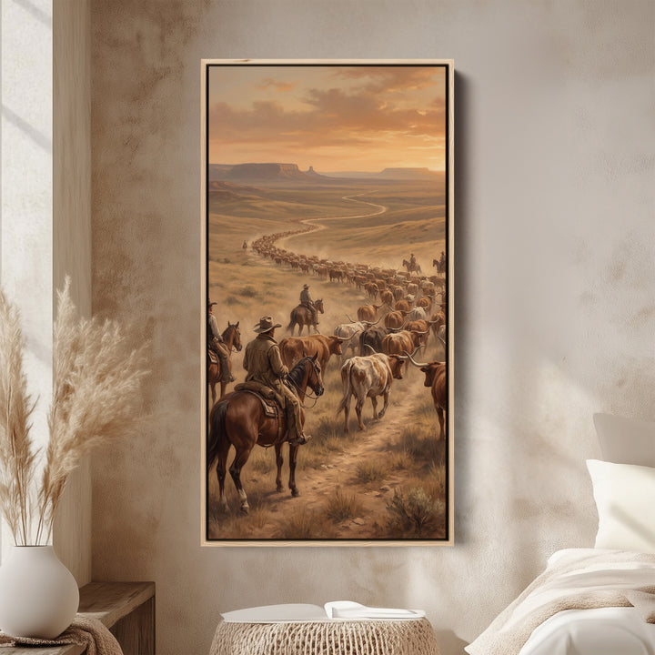 Large Vertical Wall Art Tall Framed Canvas Cattle Drive With Cowboys For Hallway
