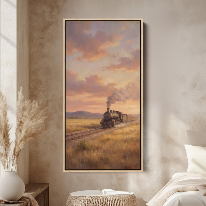 Narrow Wall Art Steam Train At Sunset Tall Canvas For Kitchen