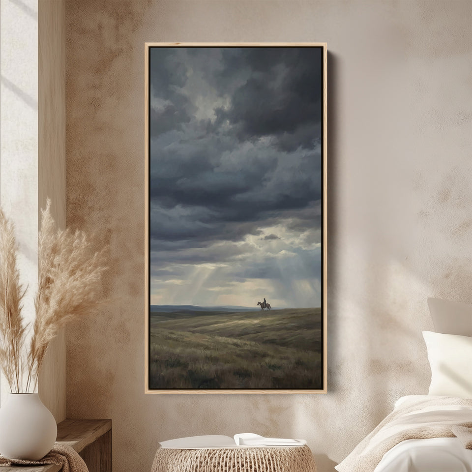 Storm Clouds With Lone Rider Tall Wall Art Framed Canvas Print For Office