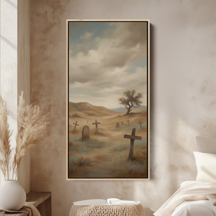 Large Vertical Wall Art Tall Narrow Canvas Graveyard Crosses In Mist For Office