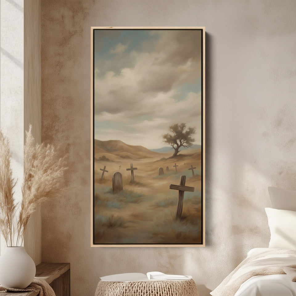 Large Vertical Wall Art Tall Narrow Canvas Graveyard Crosses In Mist For Office