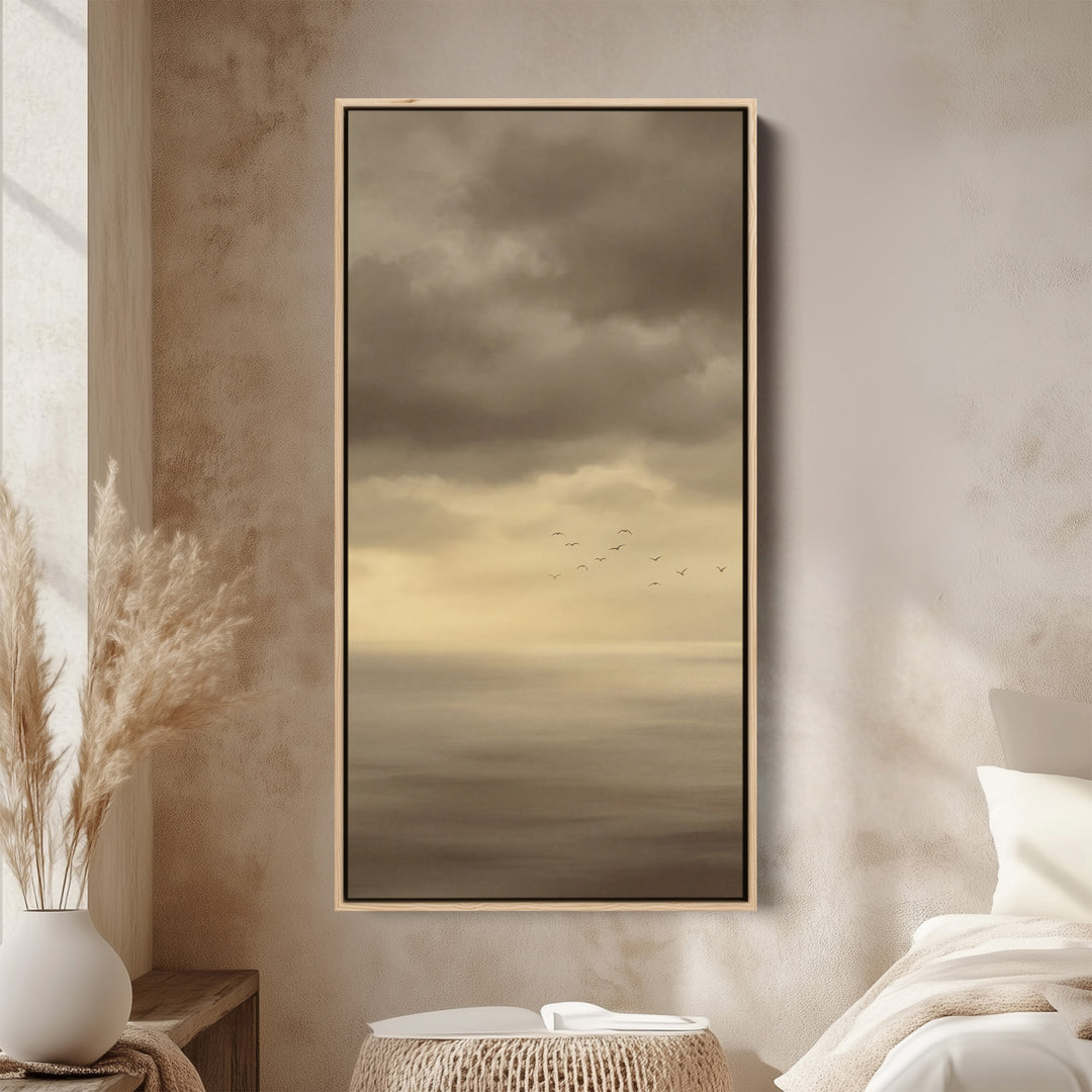 Tall Framed Canvas Foggy Seascape With Birds Tall Canvas For Living Room