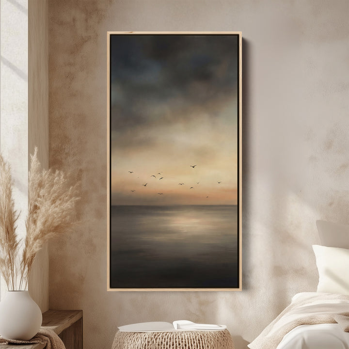 Dark Seascape Birds Sunset Long Wall Art Framed Canvas Print For Bedroom