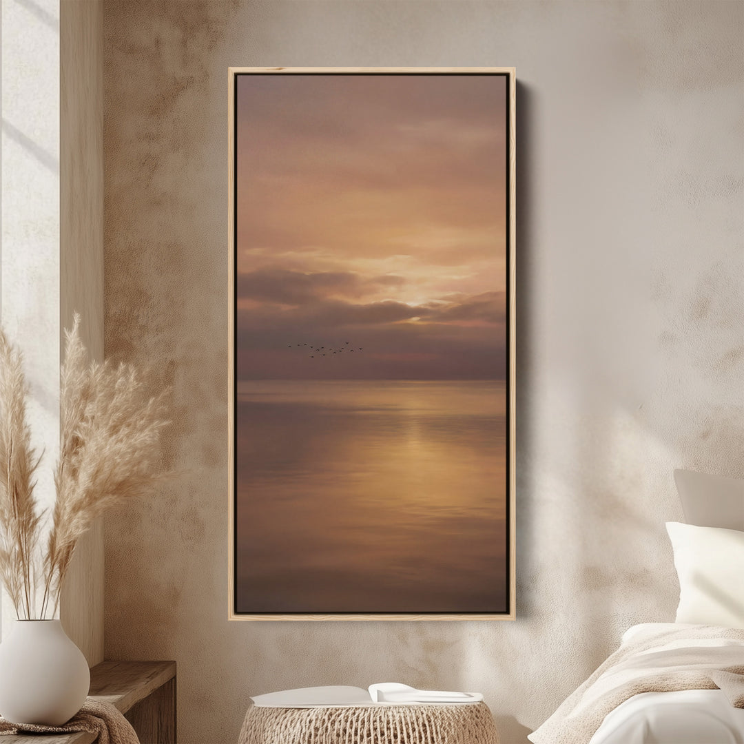 Vertical Wall Art Golden Ocean Sunset Reflection Large Vertical Wall Art For Hallway