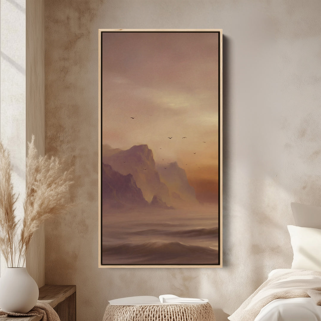 Misty Coastal Cliffs Birds Large Vertical Wall Art Framed Canvas Print For Bedroom