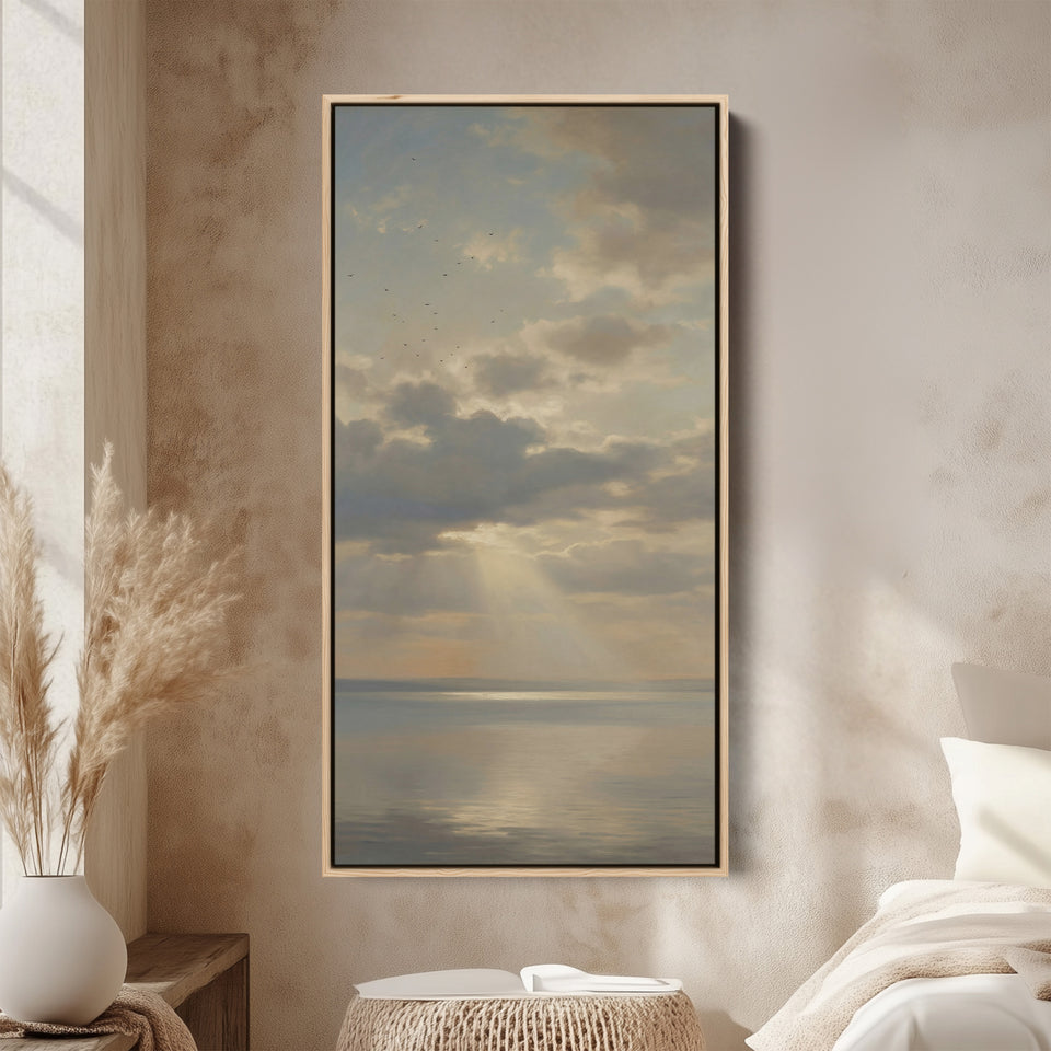 Tall Framed Canvas For Office Sun Rays Over Calm Sea Vertical Canvas