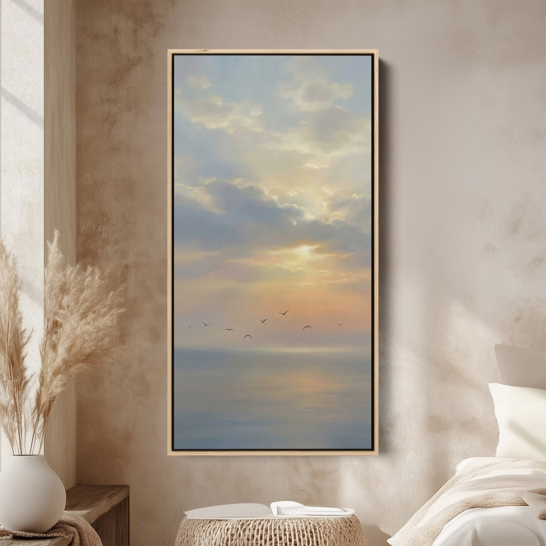 Vertical Wall Art Soft Sky Over Calm Sea Tall Canvas For Living Room