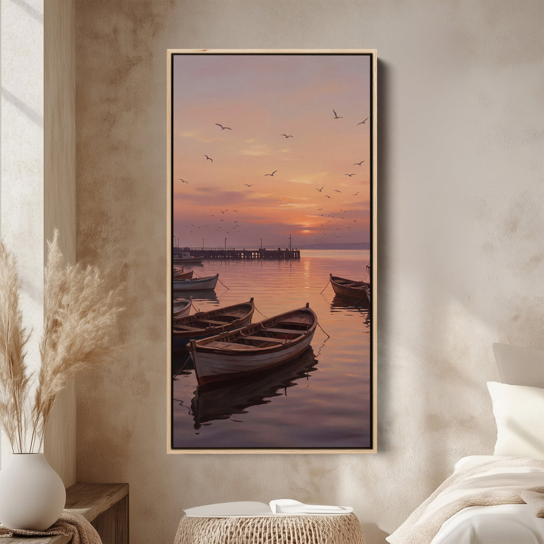 Boats Harbour Sunset Narrow Wall Art Framed Canvas Print For Bedroom