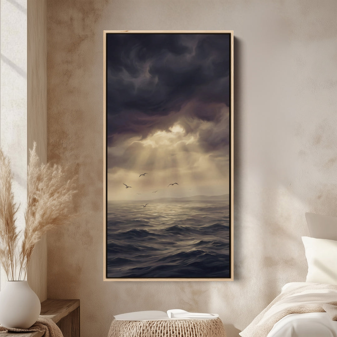 Tall Narrow Canvas For Office Storm Clouds Sunbeams Sea Vertical Canvas