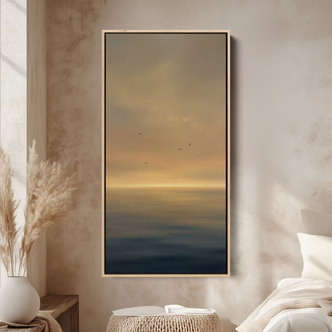 Large Vertical Wall Art Golden Hazy Seascape Birds Portrait Wall Art For Kitchen
