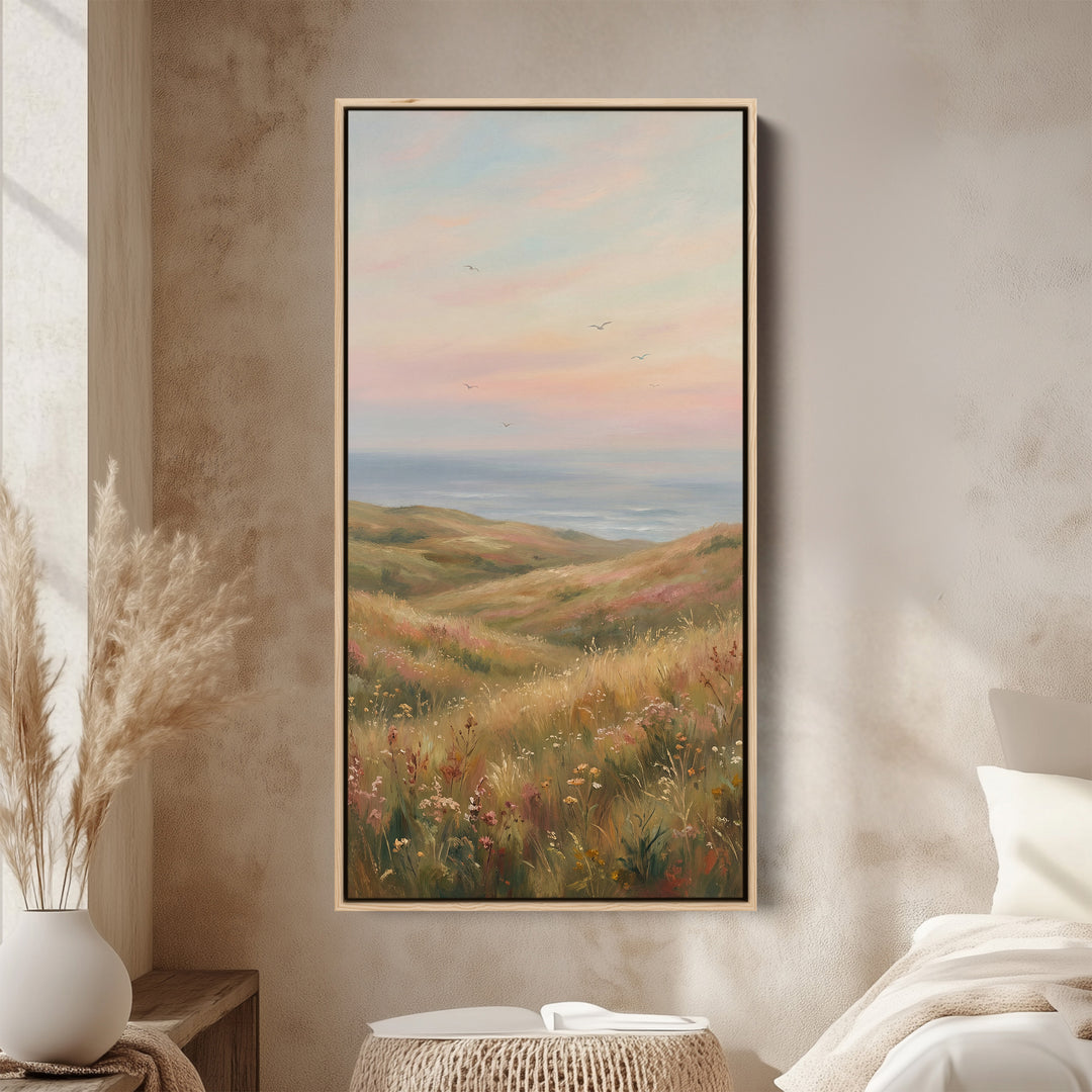 Portrait Wall Art Coastal Dunes Wildflowers Tall Canvas For Living Room