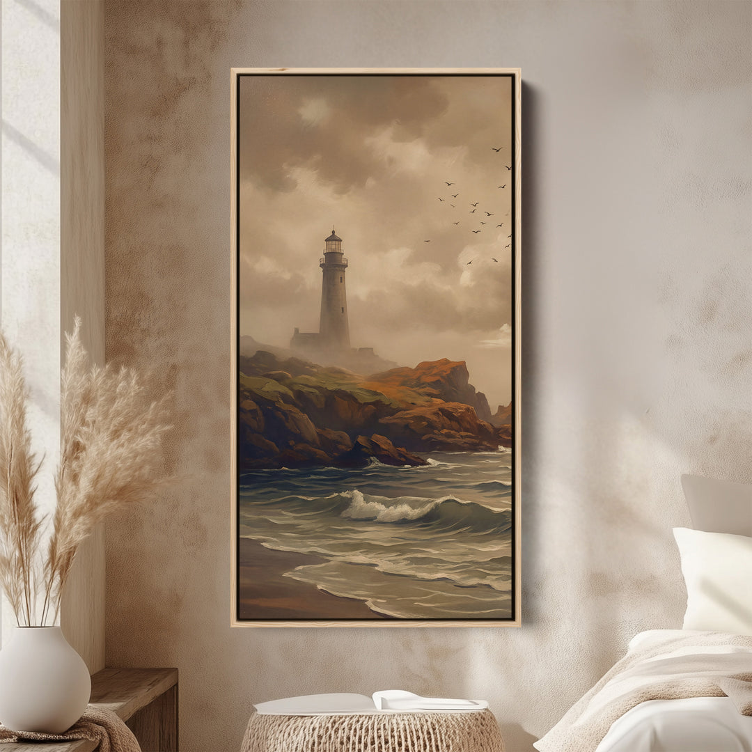Lighthouse Rocky Coast Tall Framed Canvas Framed Canvas Print For Bedroom