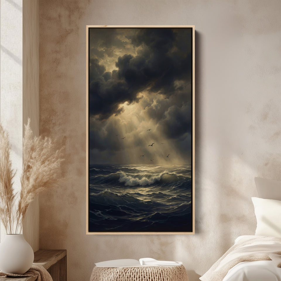 Dramatic Storm Ocean Sun Rays Tall Narrow Canvas Framed Canvas Print For Bedroom