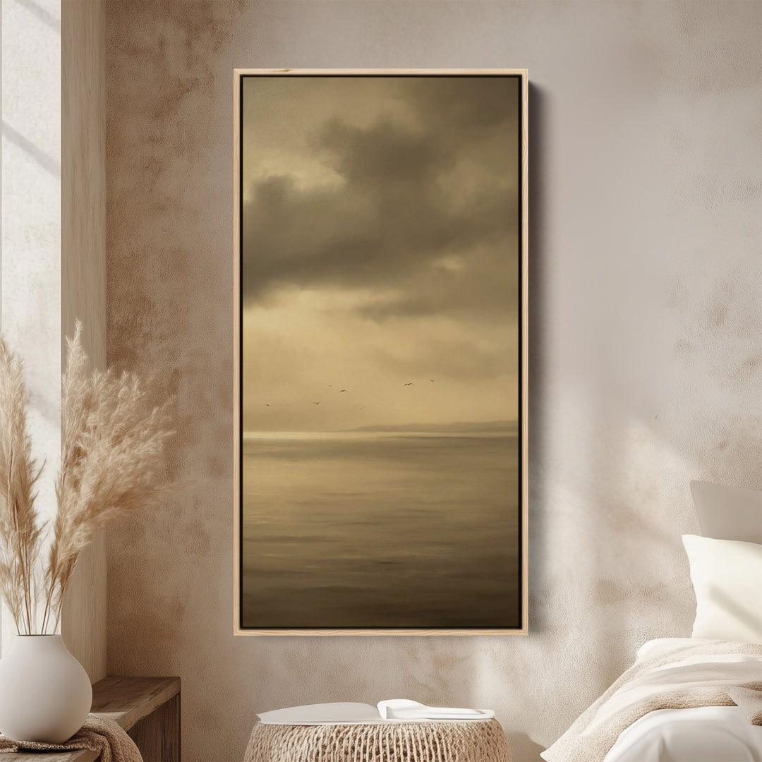 Tall Framed Canvas Muted Seascape With Birds Portrait Wall Art For Kitchen