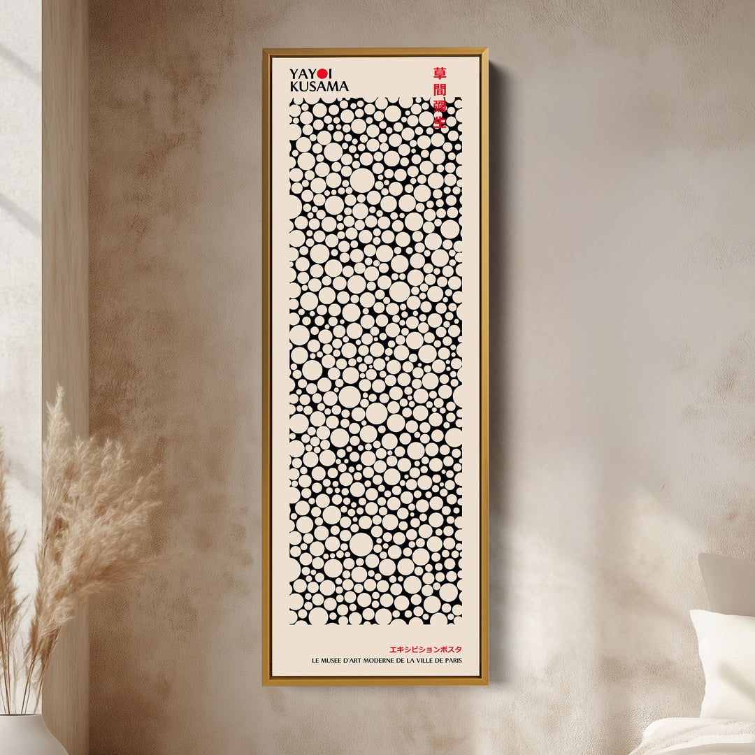 Yayoi Kusama Style Long Framed Canvas – Large Vertical Japanese Abstract Wall Art, Japandi Style, Japanese Poster Print