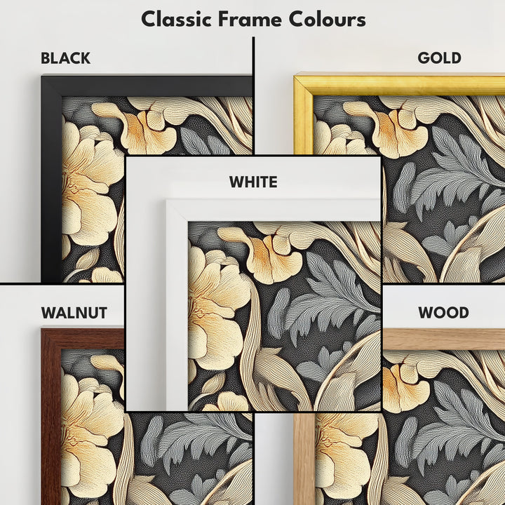 Vintage Floral Pattern Large Framed Canvas Long Narrow Horizontal Wall Art - H0083