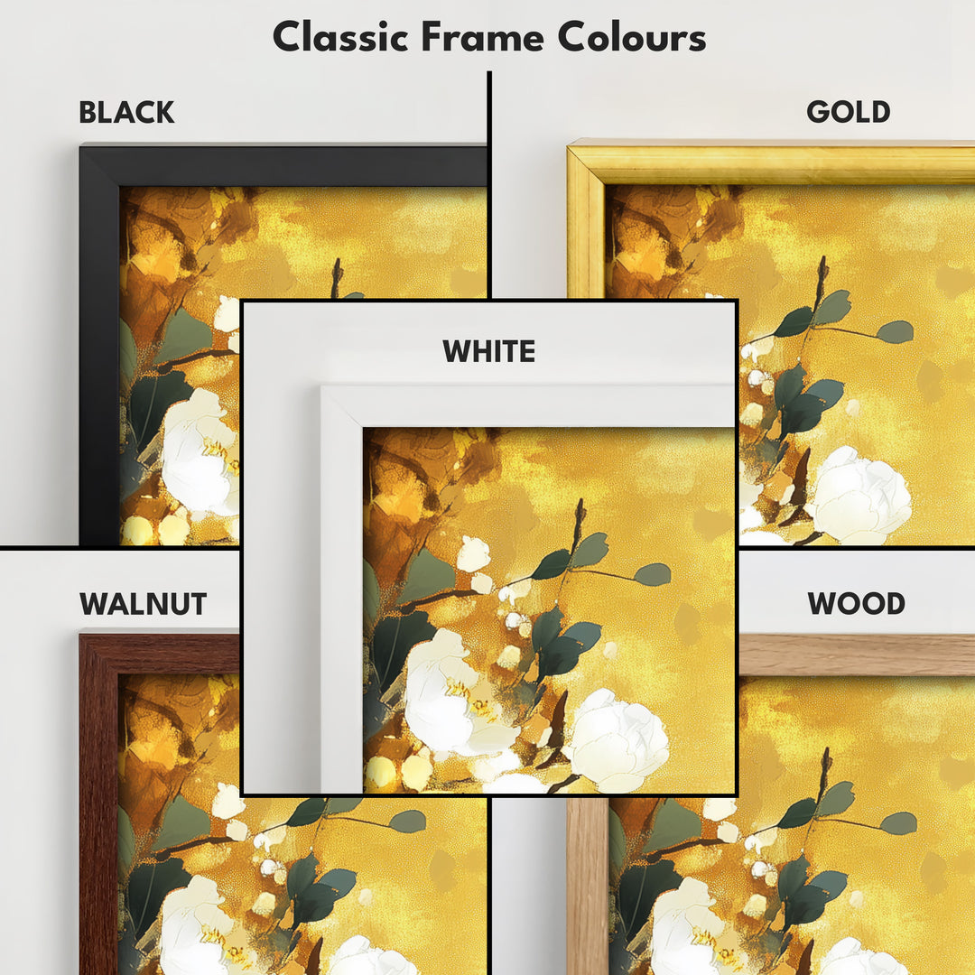 Vertical White & Gold Floral Long Framed Canvas Decor - V0204