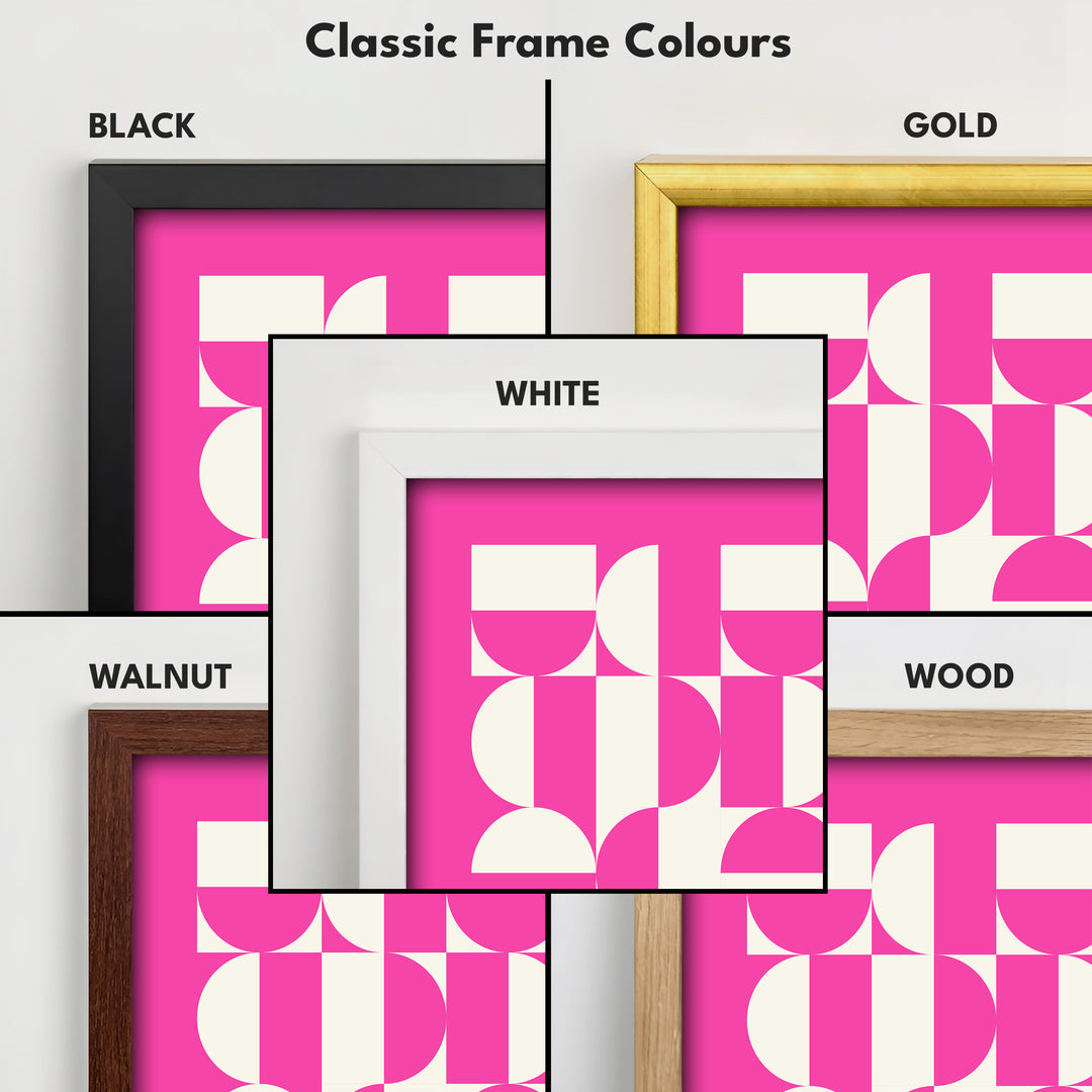 Large Framed Long Wall Art Pink Mid Century Bauhaus - H0358