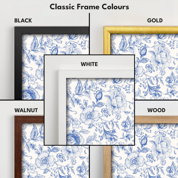 Cottagecore Vintage Blue & White Framed Floral Wall Art - V0260