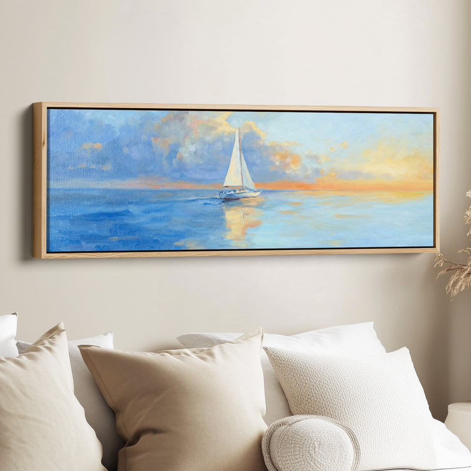 Long Horizontal Canvas Sailboat On Calm Sea For Bedroom Coastal Sunset Scene