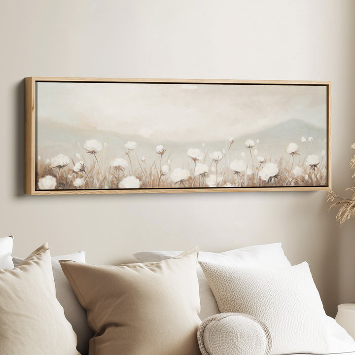 Extra Long Wall Art Soft White Wildflowers For Living Room Neutral Floral Scene