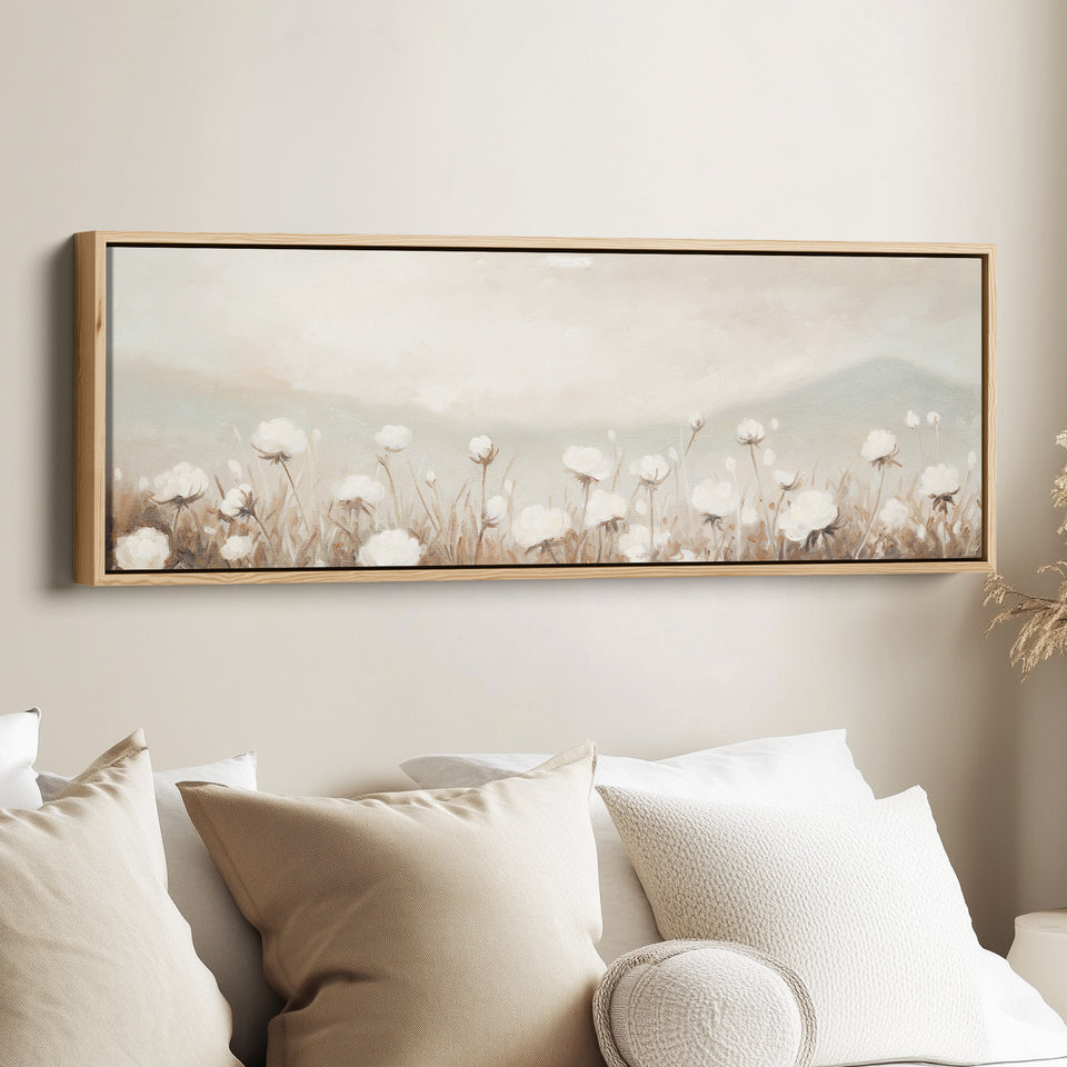 Extra Long Wall Art Soft White Wildflowers For Living Room Neutral Floral Scene