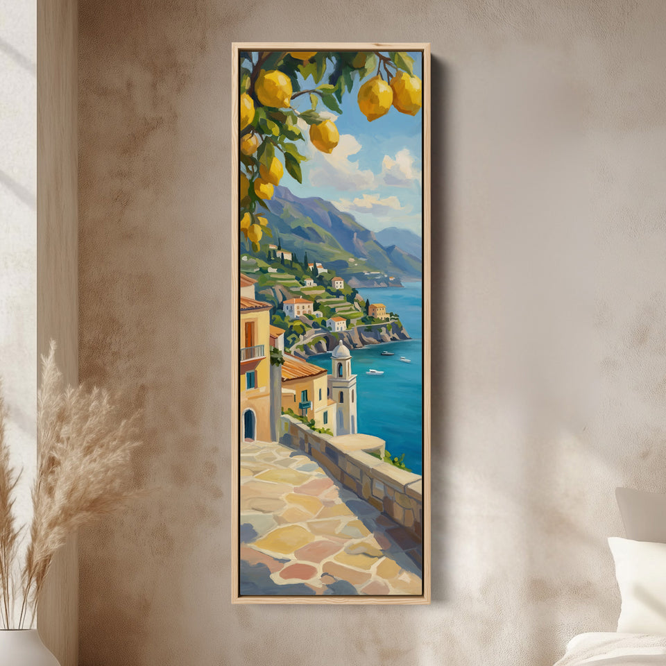 Tall Narrow Canvas Coastal Village With Lemons For Kitchen