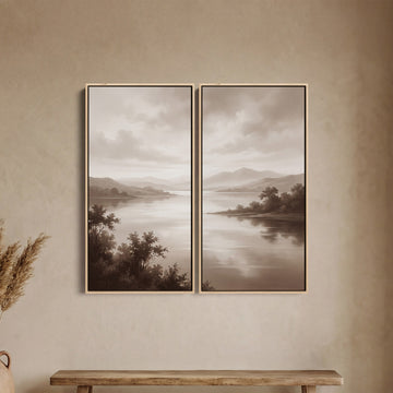 Oversized Diptych Wall Art Misty Lake Mountains for Bedroom Neutral Nature