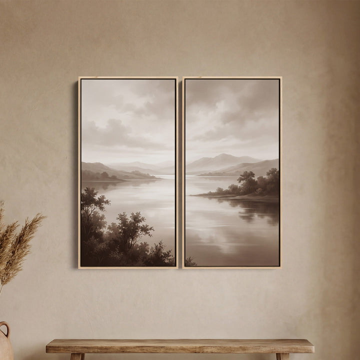 Oversized Diptych Wall Art Misty Lake Mountains for Bedroom Neutral Nature
