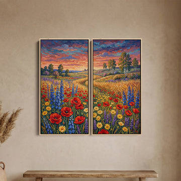 Set Of 2 Wall Art Colourful Wildflower Meadow for Dining Room Sunset Path