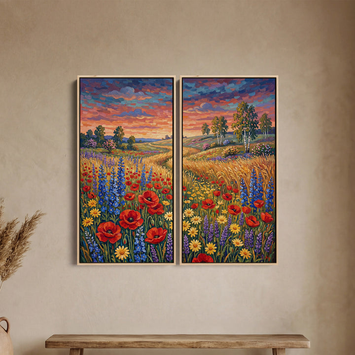 Set Of 2 Wall Art Colourful Wildflower Meadow for Dining Room Sunset Path