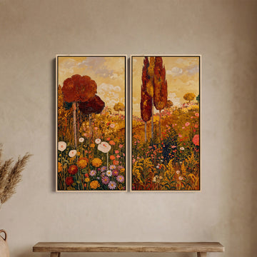 Golden Floral Landscape 2 Piece Wall Art Set for Hallway Countryside Scene