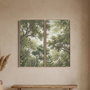 Vertical Diptych Wall Art Woodland Canopy Drawing for Bedroom Green Trees