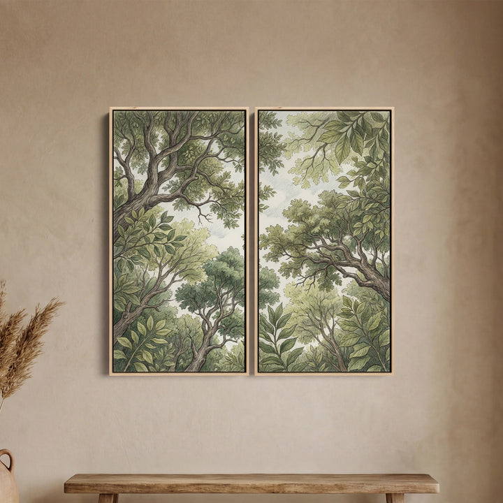 Vertical Diptych Wall Art Woodland Canopy Drawing for Bedroom Green Trees
