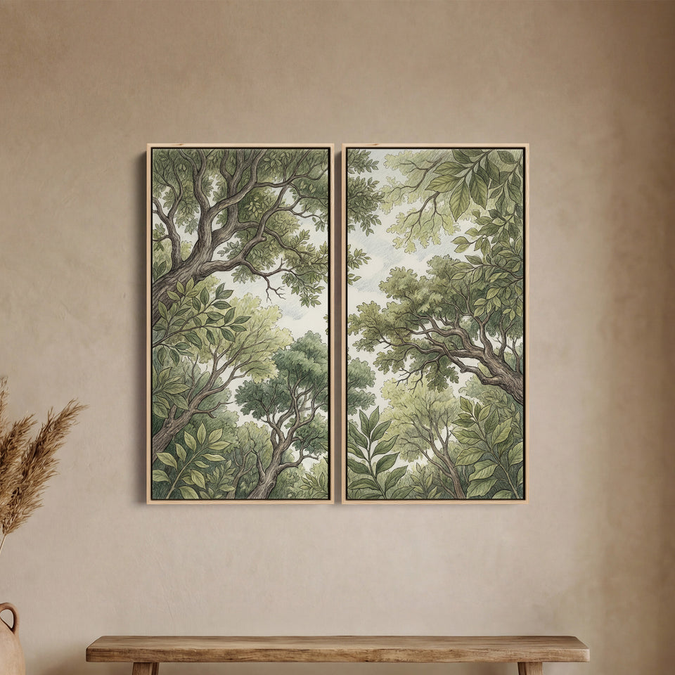 Vertical Diptych Wall Art Woodland Canopy Drawing for Bedroom Green Trees