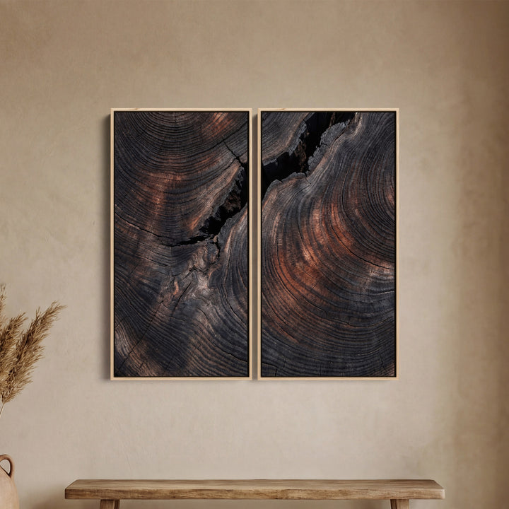 Large Diptych Wall Art Dark Wood Grain for Office Minimalist Abstract