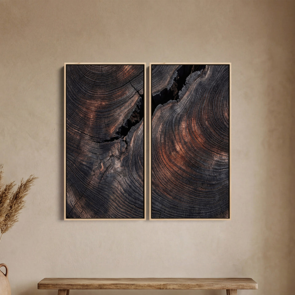 Large Diptych Wall Art Dark Wood Grain for Office Minimalist Abstract