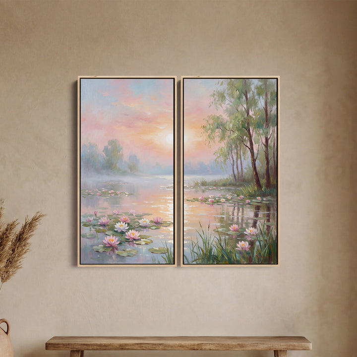 Oversized Canvas Wall Art Set Pastel Water Lilies for Bedroom Lake Scene