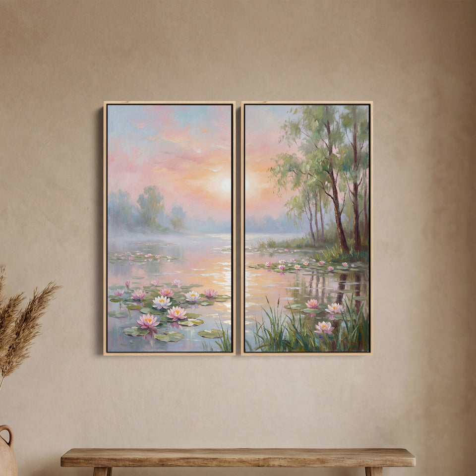Oversized Canvas Wall Art Set Pastel Water Lilies for Bedroom Lake Scene