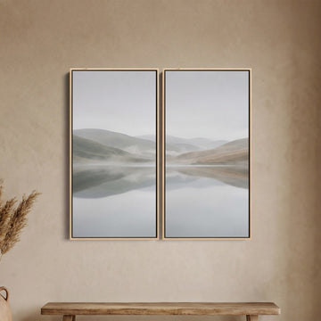 Large Scale Wall Art Set Misty Lake Hills for Living Room Minimal Landscape