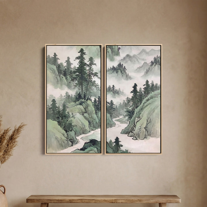 Misty Mountain River Diptych Wall Art for Living Room Forest Landscape
